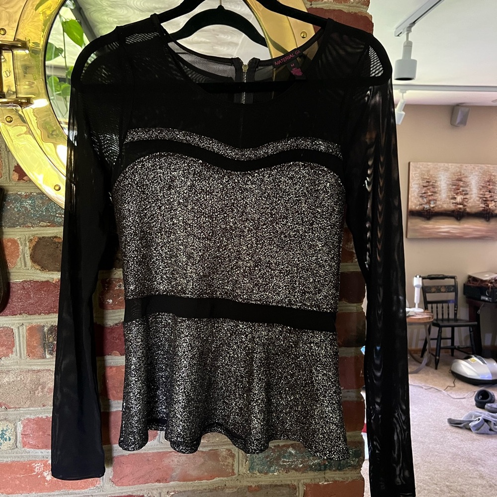 Material Girl Black and Silver Graphic Peplum Blouse